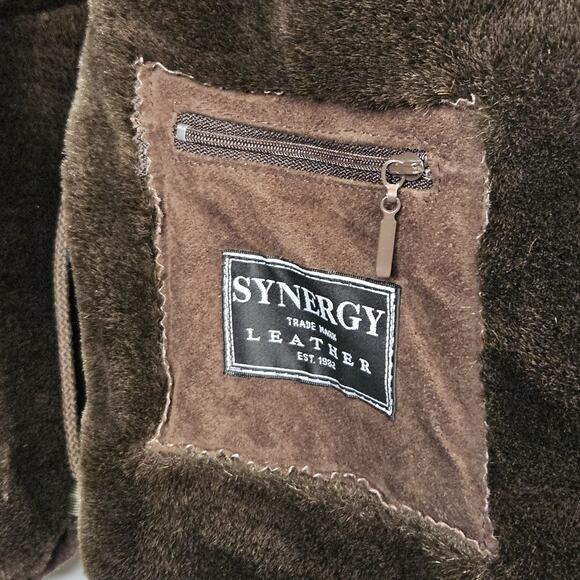 Vintage Synergy Oversized Leather Faux Shearling Coat Large Chocolate Brown - Picture 8 of 13